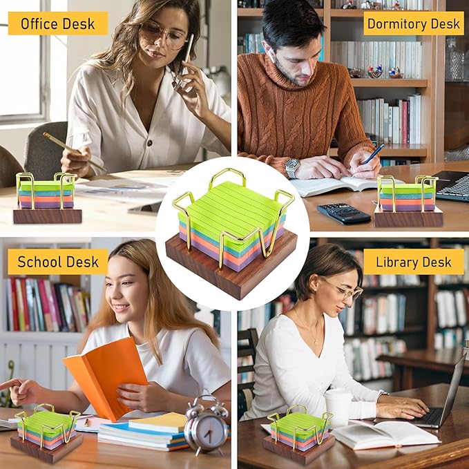 Buqoo Sticky Note Holder, Walnu Wood and Gold Metal Wire Self Stick Note Pad Holder Dispenser for School Home Office Desk Accessories Supplies