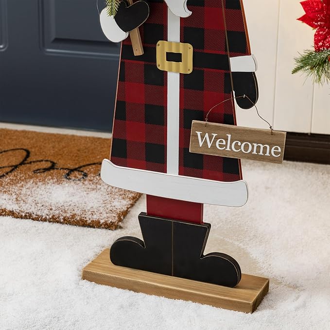 Glitzhome 36''H Lighted Wooden Africa Santa Porch Decor with Timer & LED Lights, Christmas Standing Santa Porch Sign Decor with Xmas Tree and Welcome Plaques for Front Door Outdoor Decor