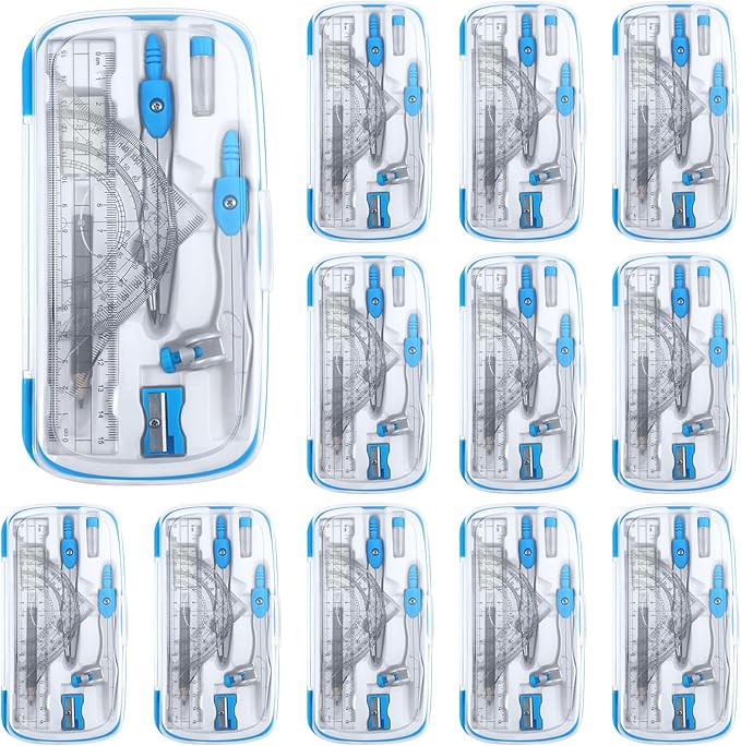 Teling 12 Sets Math Geometry Kit for Students 10 Pcs Compass Geometry Tools Set Includes Rulers Protractor Compass Eraser Pencil Sharpener Lead Refills Pencil (Blue)