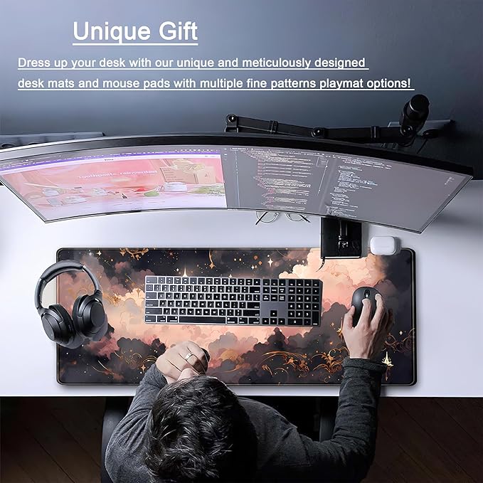 Black Pink Clouds Desk Mat Cute Desk Pad XL Large Extended Mouse Pad Gaming Celestial Mousepad Desk Matt for Desktop, Computer Keyboard and Mouse Mat for Women Office Decor Accessories 31.5x11.8 in