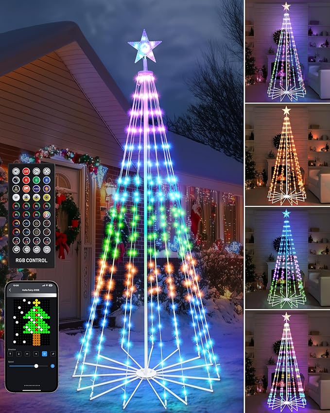 Brightever 6FT 265 LED Smart Cone Christmas Tree, Outdoor Prelit Christmas Tree with 16 Million DIY RGB LED Light Show, Remote APP Control Color Changing Music Sync for Xmas Outdoor Decorations