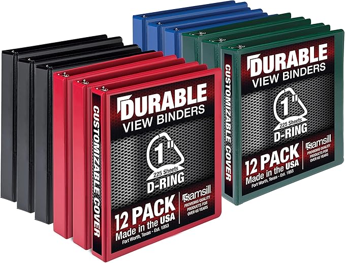 Samsill Durable 1 inch 3 Ring Binder, Made in USA, D Ring Binder, Customizable Clear View Cover, Basic Assortment, 12 Pack