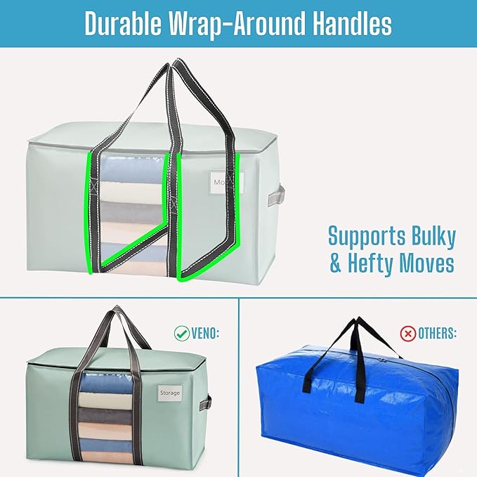 VENO 4 Pack Moving Bags, Moving Supplies, Moving Boxes, College Packing Storage Boxes with Lids Alternative, Heavy Duty Totes, Extra Large, Sturdy Handles, Zipper (Light Green with Window, 4 Pack)