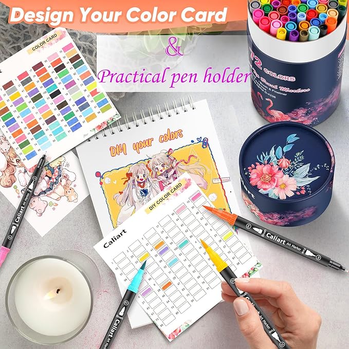Caliart 72 Colors Dual Tip Art Markers for Adult Coloring - Aesthetic Cute Preppy Stuff School Supplies, Pens With Fine and Brush Tips for Lettering Cards Drawing Kids Artist Mothers Day Gift for Mom