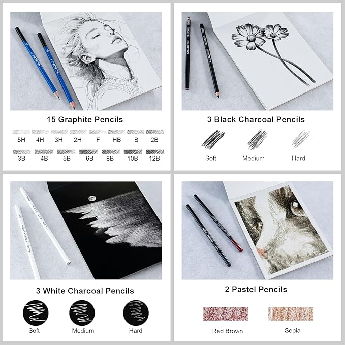 127 Drawing Set Sketching Kit, Pro Art Supplies with 3-Color Sketchbook & Coloring Book, Neon, Colored, Watercolor, Metallic, Graphite, Charcoal Pencils, Gift for Artists Adults Teens