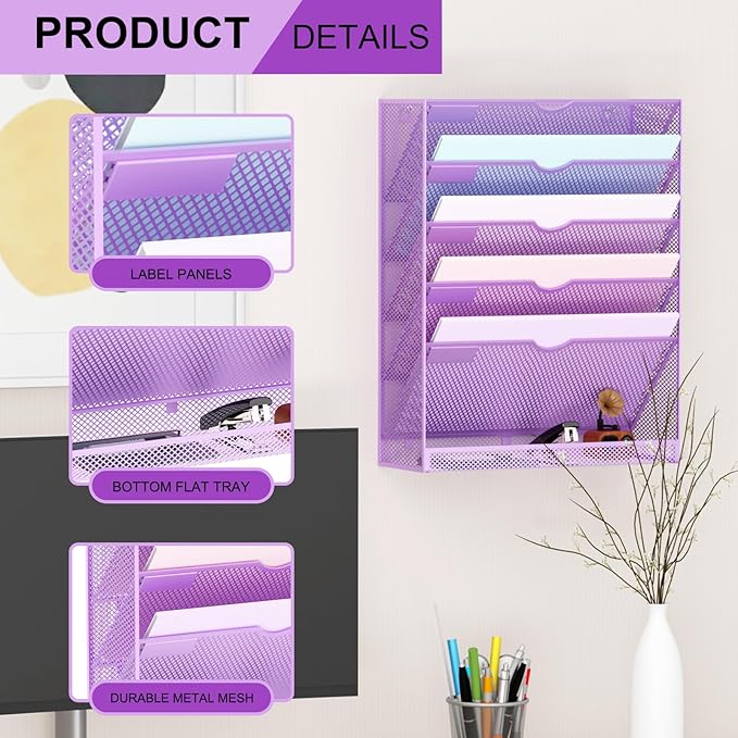 Hanging Wall File Organizer 6 Tier Wall Mounted Mail Paper Folder Holder Document Organization Stand, Vertical Desk Magazine Rack for Office Home Cubicle Countertop, Light Purple
