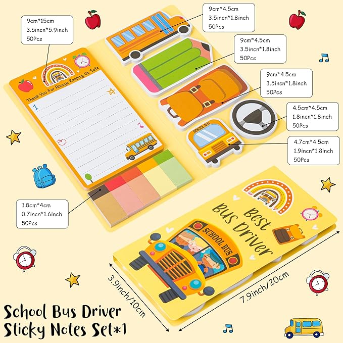Xqumoi Best Bus Driver Sticky Notes Set - School Bus Pencil Shaped Self-Stick Note Pads Teacher Appreciation Thank You Gift Writing Memo Pad Page Marker Back to School Office Party Favors Supplies