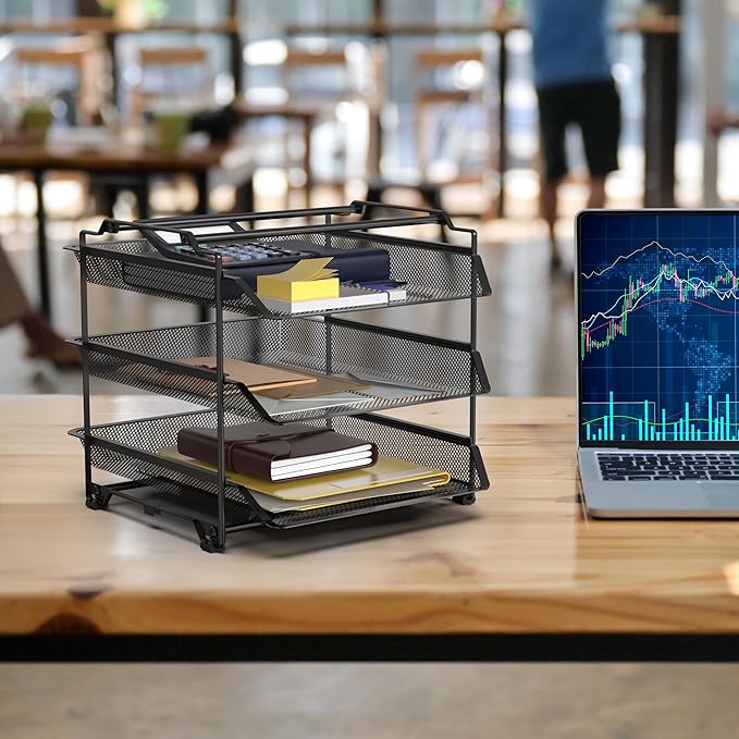 Deco Brothers Stackable Sliding Letter Tray Paper Organizer, 3 Tier, Black