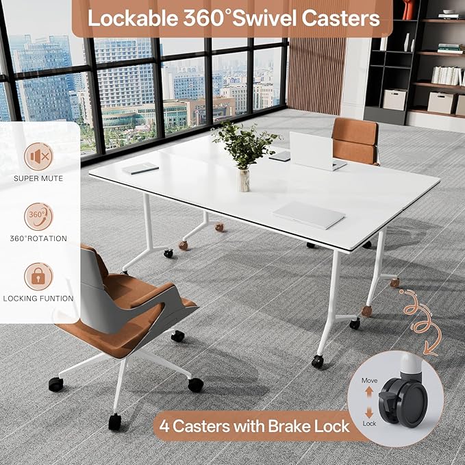 Conference Table, Folding Conference Tables for 2-20 People, Modern Conference Room Table with Wheels, Super Sturdy Large Rectangle Mobile Meeting Seminar Tables for Office (4PCS 61.0in)
