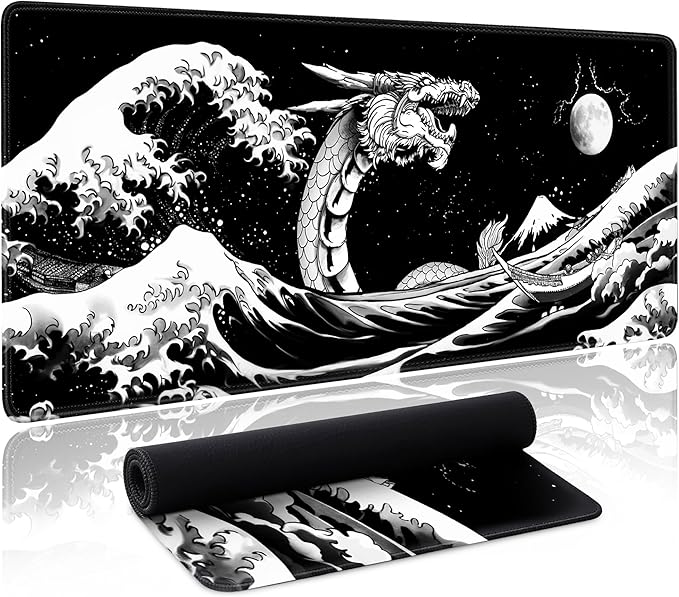 Japanese Wave Dragon Gaming Mouse Pad Large Desk Mat Black Extended Keyboard Mouse Pad Gaming Mousepad with Non-Slip Base Stitched Edge Mouse Mat Desk Pad 31.5 X 11.8 Mouse Pads for Desk Home Office