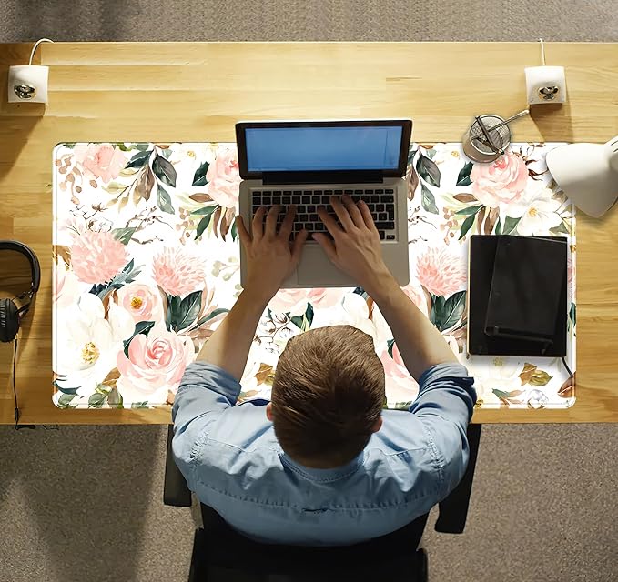Desk Mat Pink Floral Desk Pad Cute Flowers Mouse Pad Gaming XL Large Mousepad Green Leaves Desk Matt for Desktop, Computer Laptop Keyboard Mouse Mat for Women Office Decor Accessories 31.5x15.7 in