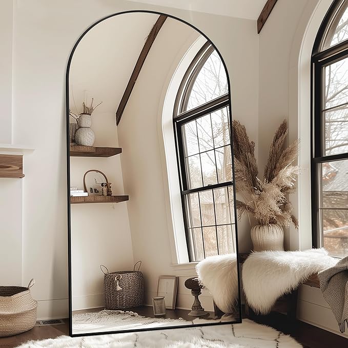 Antok Full Length Mirror, 91"x46" Oversized Floor Mirror Freestanding, Full Body Floor Standing Mirror with Stand, Hanging Mounted for Living Room Cloakroom,Black,Arched Style