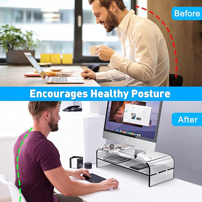 AboveTEK 2-Tier Acrylic Monitor Stand, Computer Riser for Home Office, Clear Monitor Riser for Keyboard Storage, 18.9" x 8.7" Multi Monitor Desk Stand for iMac Multi-Media Laptop Printer TV