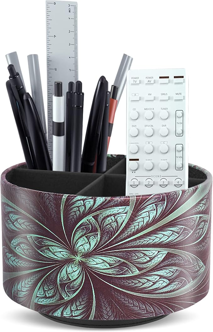 lizimandu Round Leather Art Supply Organizer,Remote Control Holder,360 Degree Rotating,Multi-Functional Pencil Holder,4 Compartments Desktop Stationary Organizer(1-Green Flower)