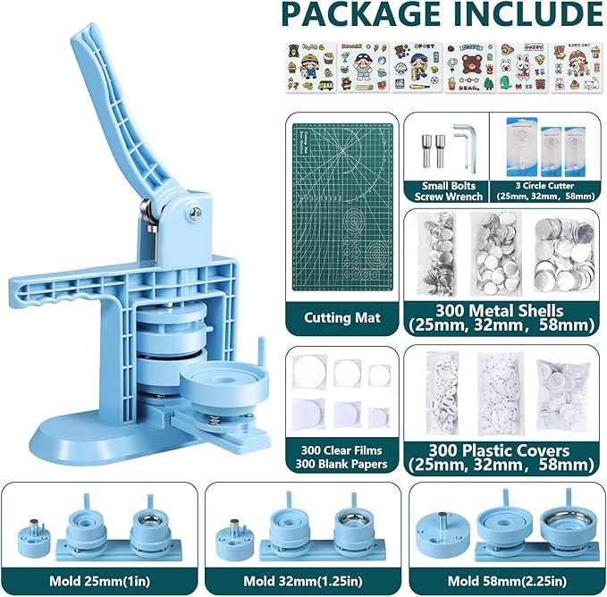Button Maker Machine Multiple Sizes 1+1.25+2.25inch(4th Gen), DIY Button Pin Maker Machine Kit, Badge Press Machine with 300PCS 25+32+58mm Button Making Supplies& Cutting Mat&Circle Cutter