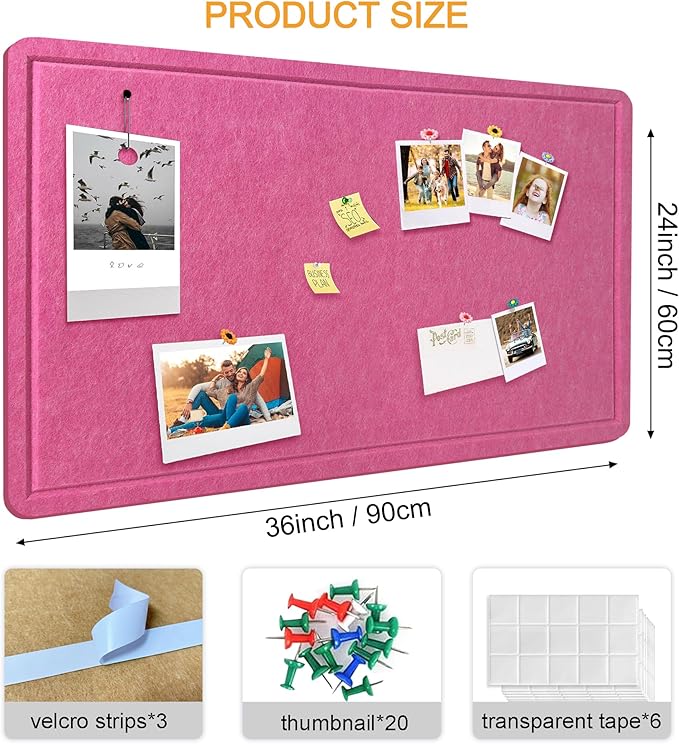 Large Bulletin Board - Foldable 36x24 Inches Cork Board Alternative with 20 Push Pins, 3' x 2' Self-Adhesive Felt Bulletin Board for Wall, Home Office Classroom Decor