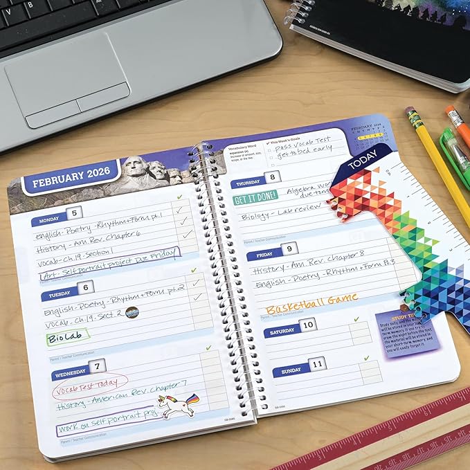Global Datebooks Dated Middle School or High School Student Planner for Academic Year 2025-2026 Includes Ruler/Bookmark and Planning Stickers (Block Style - 5.5"x8.5" - Rainbow Linen)