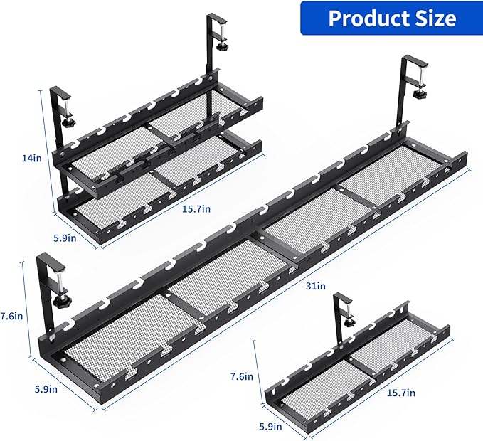 31Inch Extendable Under Desk Cable Management Tray Multi-Model Metal Cable Management Tray Under Desk Cord Management with Clamp Power Strip Cord Holder for Wire Cable Management