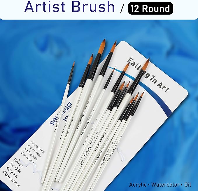 Falling in Art Paint Brushes Set, 12 PCS Nylon Professional Round Paint Brushes for Watercolor, Oil Painting, Acrylic, Face Body Nail Art, Crafts, Rock Painting