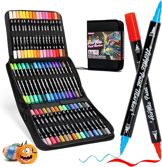 Acrylic Paint Markers, 48 Color Dual Tip Acrylic Paint Pens with Brush and Fine Tips for Rock Painting,Wood,Canvas,Ceramic,Card Making,Vibrant Color Ideal for Artists, Crafters & DIY Projects