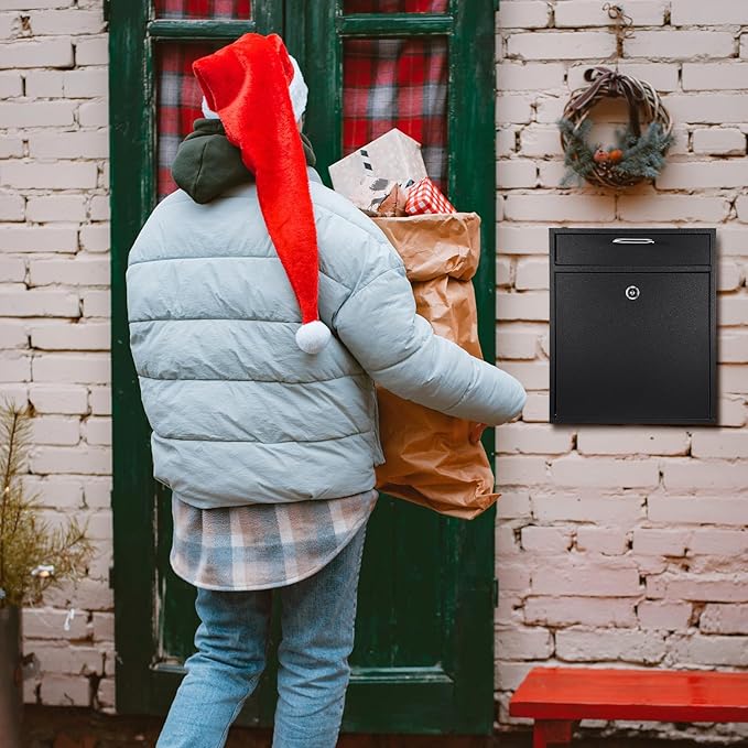 Locking Mailbox with Key for Outdoor 12 x 10.5 x 4.7 Inches Large Wall Mount Mail Box with Lock Security Mail Drop Metal Collection Boxes Hanging Secure Postbox(Black)