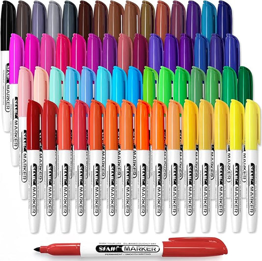 SFAIH 60 Colors Permanent Markers - Assorted Vibrant Colors, Quick Drying, Fade Resistant, Fine Point Permanent Markers for Teacher And Classroom Supplies, Art Supplies, Coloring, Drawing Doodling