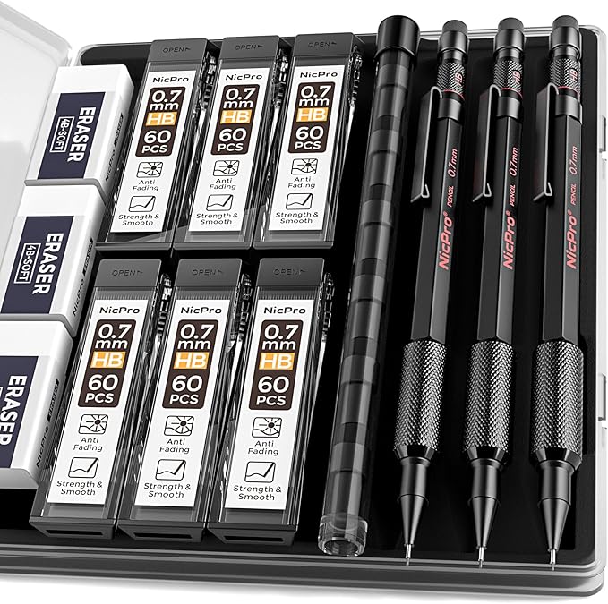 Nicpro 0.7 mm Mechanical Pencil Set with Case, 3PCS MP2000 Metal Artist Mechanical Pencil With 6 Tube HB Lead Refills, Eraser, Weatherproof Barrel for Outdoor Writing Drafting Drawing Sketching