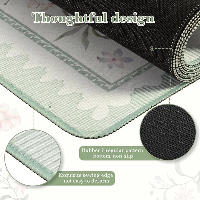 iCasso Desk Cover Mat Green,Extra Large Mouse Pad for Desktop,Anti-Slip Keyboard Pad with Stitched Edges,Cute Floral Computer Mat for Women,Aesthetic Desk Protector for Office Home Dorm