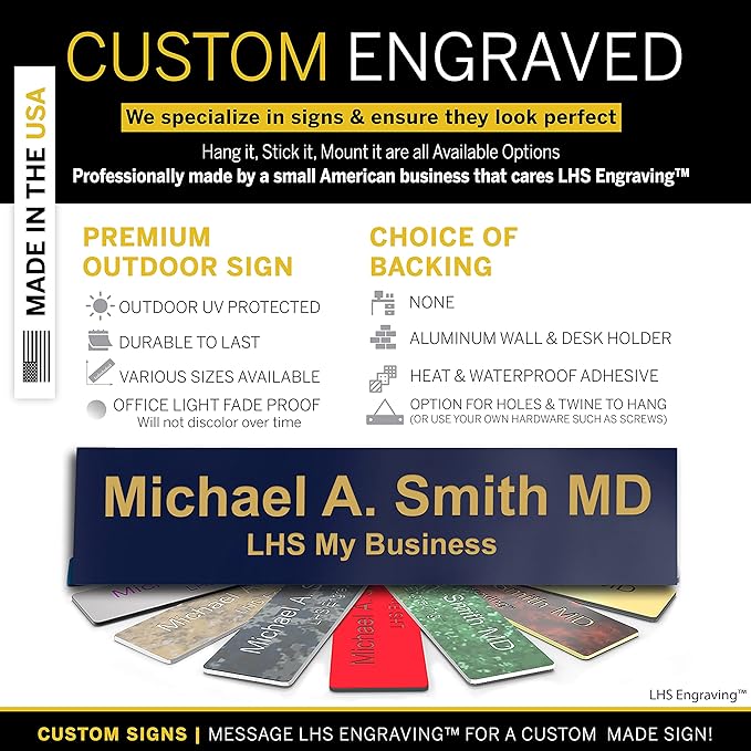 Engraved Custom Door Plate Navy Blue Plastic Office Door Sign with Gold Letters - Made in USA 2x6 B10