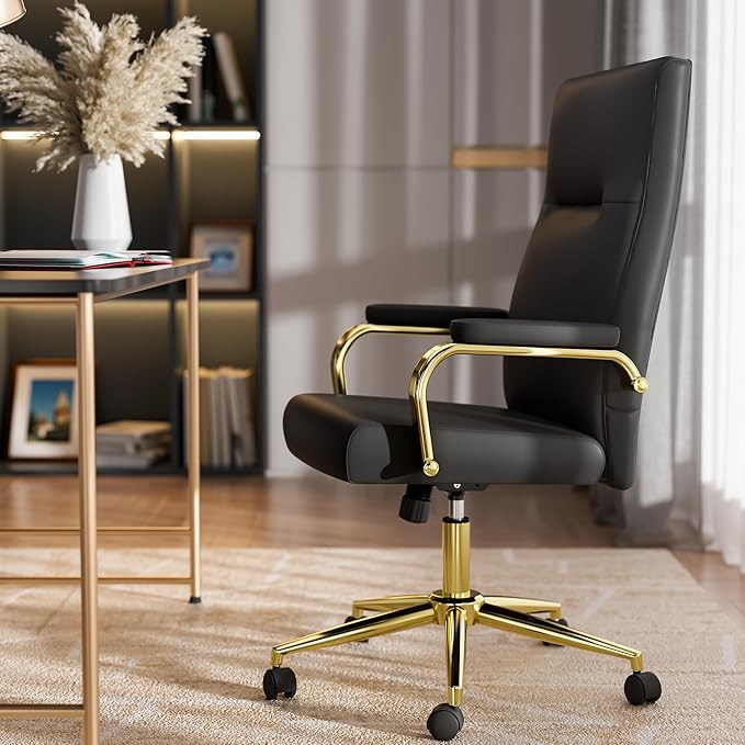 Black and Gold Office Chair Memory Foam, High Back Office Chair with Arms and Wheels, Leather Executive Computer Desk Chair with Back Support for Women Girls and Adults
