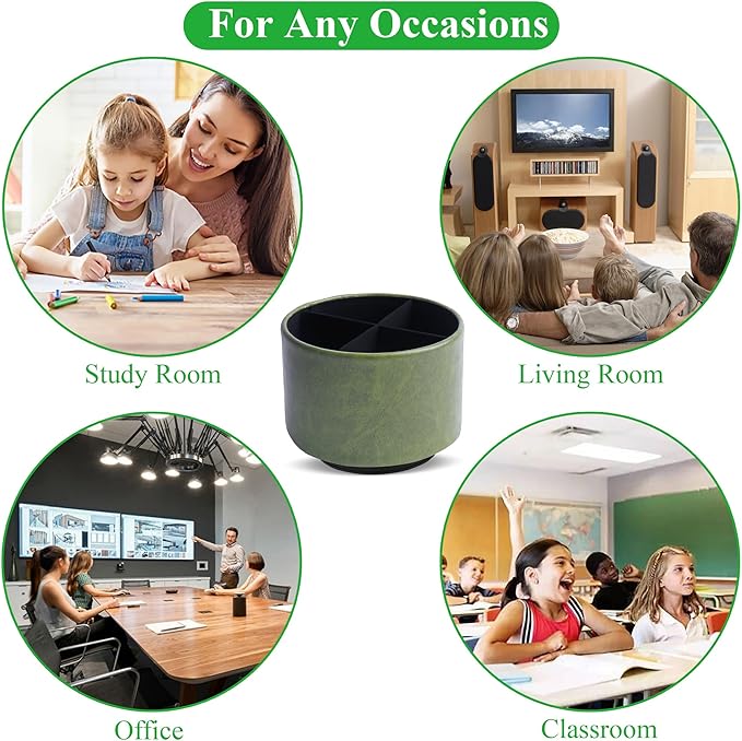 Hennaja Round Leather Art Supply Organizer,Remote Control Holder,360 Degree Spinning,Multi-Functional Pencil Holder,4 Compartments Desktop Stationary Organizer(1-Oil Bamboo)