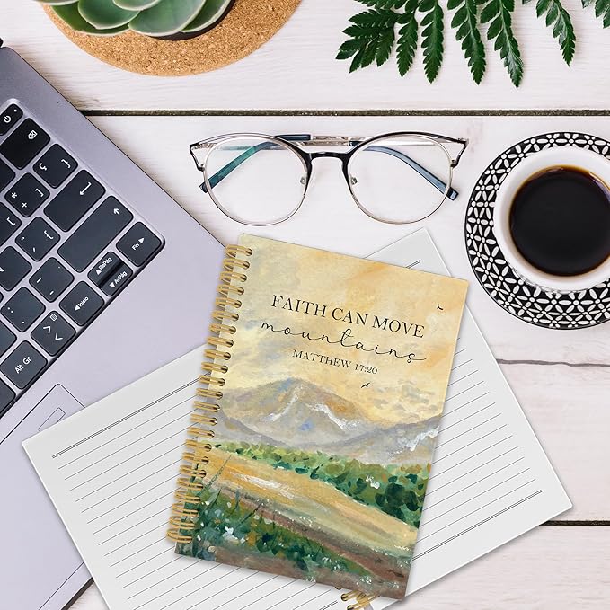 Faith Can Move Mountains Christian Spiral Notebook, Bible Journaling Notebooks for Women Men, Religious Hardcover Journals for Office 160 Pages 5.5 x 8.3 Inch, Christian Gifts for Women Faith