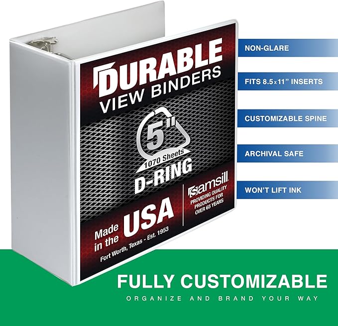Samsill Durable 5 Inch Binder, Made in The USA, D Ring Binder, Customizable Clear View Cover, Pearl White, Holds 1050 Pages
