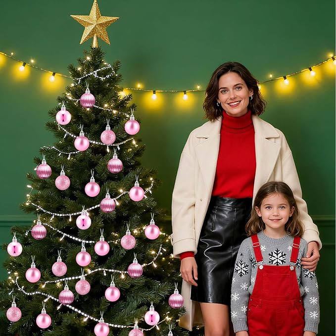 Set of 24 Mini Pink Ornaments for Mini Tree, Small Pink Christmas Ornaments Balls for Christmas Tree, 1.2 inch Tiny Plastic Shatterproof Hanging Bulbs Xmas Valentine Party Indoor Outdoor Decorations