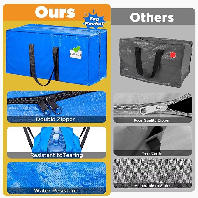 Extra Large Moving Bags Heavy Duty Storage Bags with Zipper Handles, BETU 6 Pack Clothes Storage Totes Bins Packing Moving Boxes, Moving Supplies for College Dorm Essentials, Space Saving, Blue