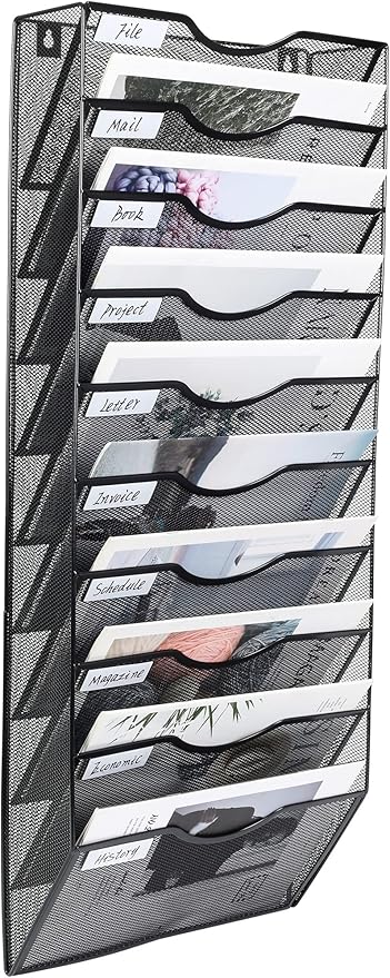 PAG Hanging Wall File Holder Organizer Mail Sorter Literature Rack for Office, 10 Pockets, Black