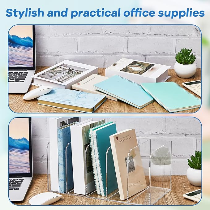 Suzile 2 Sets of Clear Acrylic Magazine Holder with 5 Vertical Compartments Magazine File Holder Acrylic Desk Organizer Book Rack for Desk Sorter Paper Folder Office Accessories Storage Organization