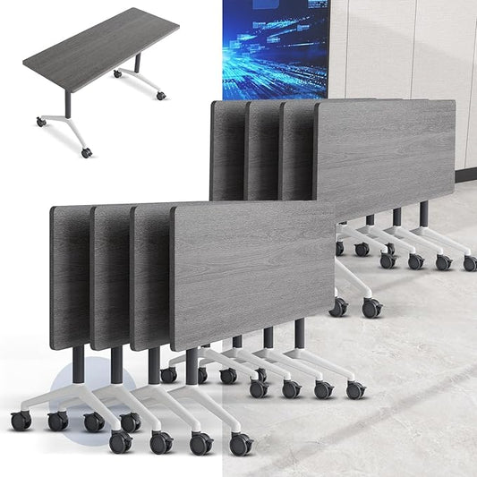Folding Conference Table, Mobile Training Table for Office Conference, Modern Modular Rectangular Work Desk Meeting Seminar Work Tables with Caster Wheels, Large Breakroom Tables (8Pack L70.9in)