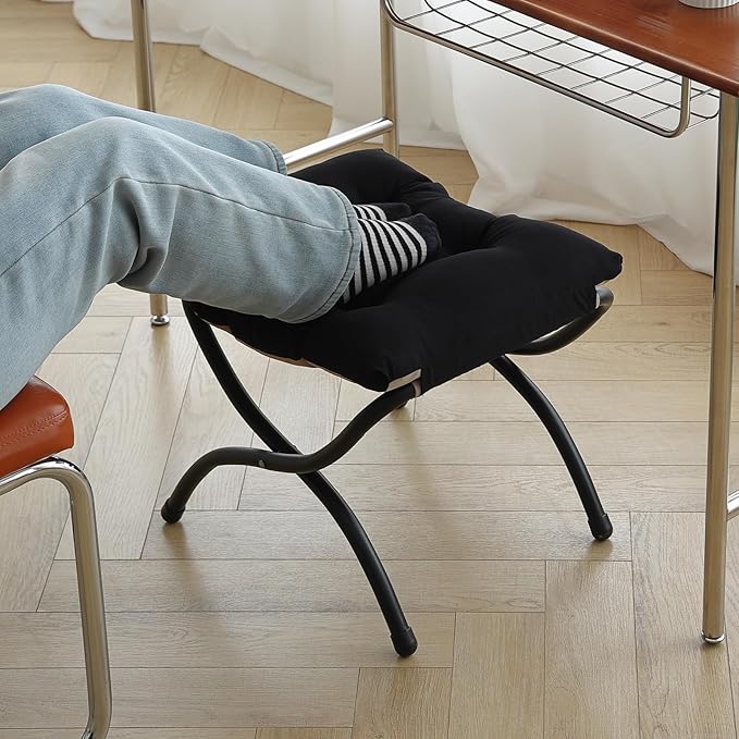 LITA Folding Upholstered Footrest Stool, Modern Small Portable Accent Ottoman with Detachable Thick Cotton Cushion Padded Sofa Stool with Metal Frame for Lazy Chair, Living Room & Bedroom, Black