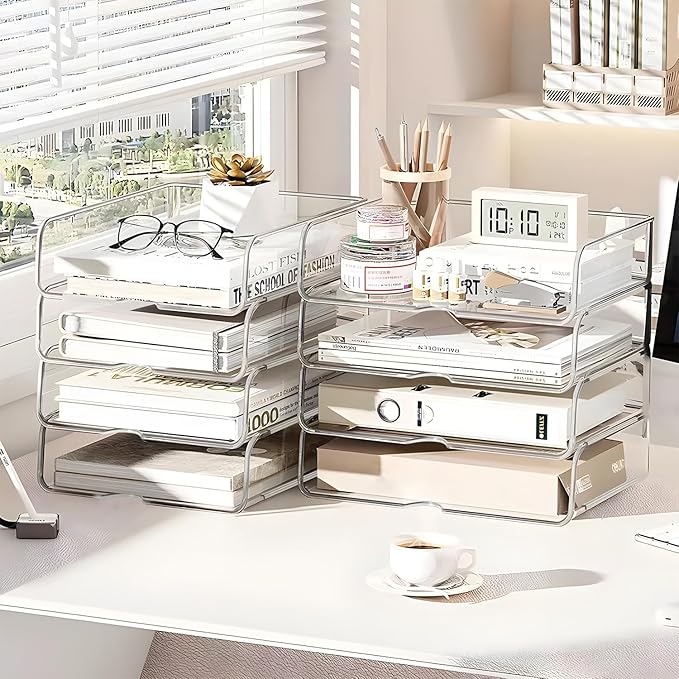 4-Tier Paper Organizer for Desk, Stackable Desk Organizer Paper Tray, Ideal for Office Supplies, A4 Storage (Clear, 4-Tier)