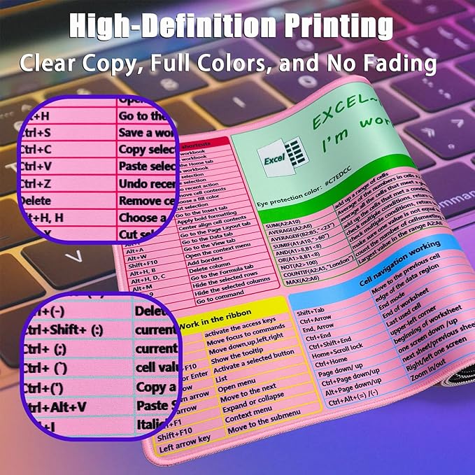 Pink MS Excel Shortcut Mouse Pad Desk Mat,Large Excel Cheat Sheet Desk Pad,Spreadsheet Keyboard Mats Mousepad,Non-Slip Stitched Edge,Office Desk Essentials for Women,31.5 * 15.7 inch
