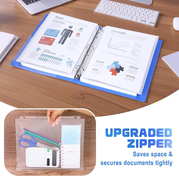 Antner 50 Pack Letter Size Binder Pockets for 3 Ring Binder, Waterproof Resealable Zip Loose Leaf File Bags Document Organizer Folders Insert Page Sleeves PVC 3-Hole Sheet Protectors for 8.5x11 Paper