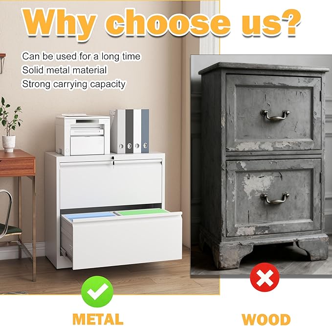 2 Drawer Lateral File Cabinet with Lock, File Cabinet, Metal Lateral Filing Cabinets for Home Office, File Storage Cabinet for Legal/Letter/A4 Documents, Assembly Required (White, 26'W)