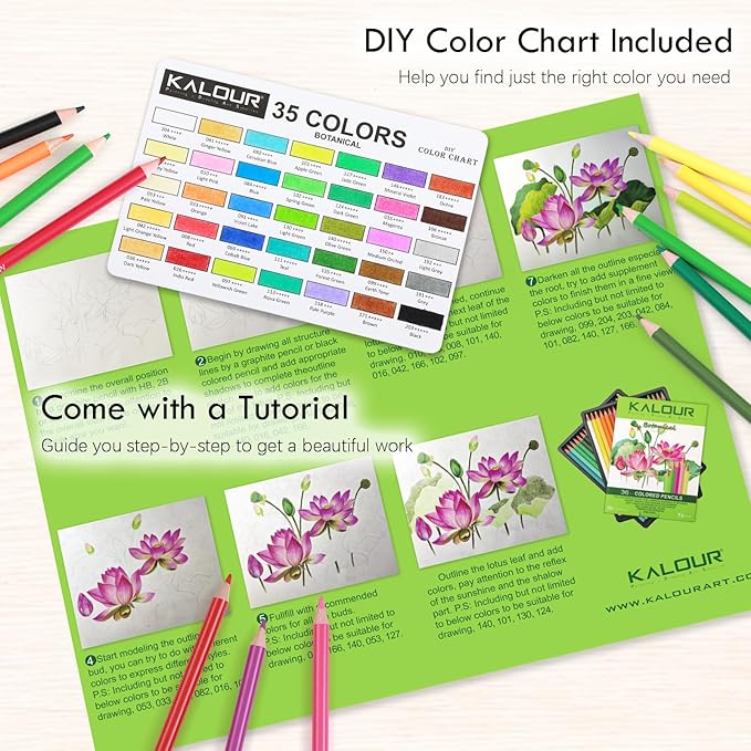 KALOUR PDAS 36-piece Green Botanical Colored Pencil Set, Pre-sharpened Wooden Colored Pencils for Adults Artists Beginners Coloring Books Drawing & Sketching