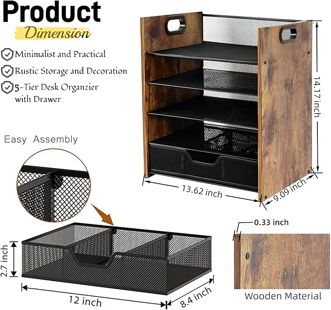Wood Desk Organizer - 5-Tier Desktop File Organizer with Drawer, Wooden Paper Tray, Office Desk Organzier and Accessories for Papers, Mail, Notebooks, Stationery