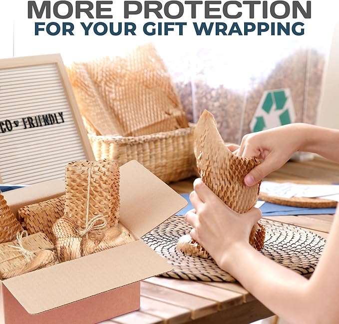 HexcelWrap Mini - Honeycomb Packing Paper, Eco-Friendly, Sustainable Paper Bubble Wrap for Shipping & Moving, Cushioned Packing Material in Easy Self-Dispenser Box - Natural, 12" x 1400'