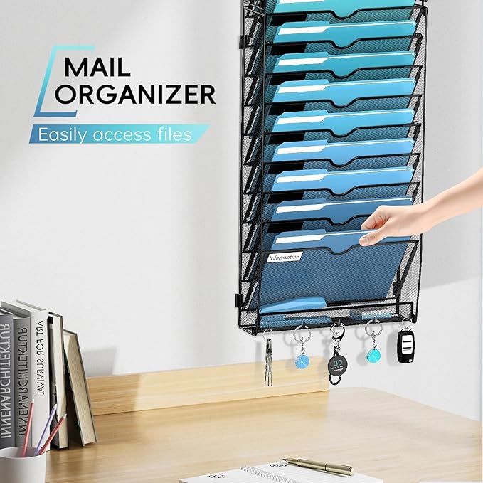 20-Tier Wall File Organizer with 5 Hooks, Hanging Mail Organizer Wall Mounted File Holder, Magazine Rack for Papers, Folders, Magazines, Office Organization, Assembly Needed, Black