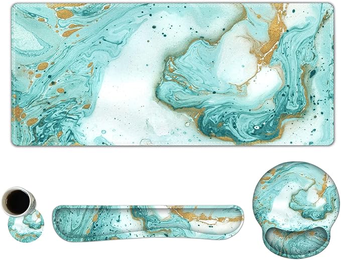 ARTSO Large Mouse Pad Set, Ergonomic Keyboard Wrist Rest Support, Memory Foam Gel Extended Non-Slip Desk Blotter Pad for Office, Home, Teal Turqoise Marble