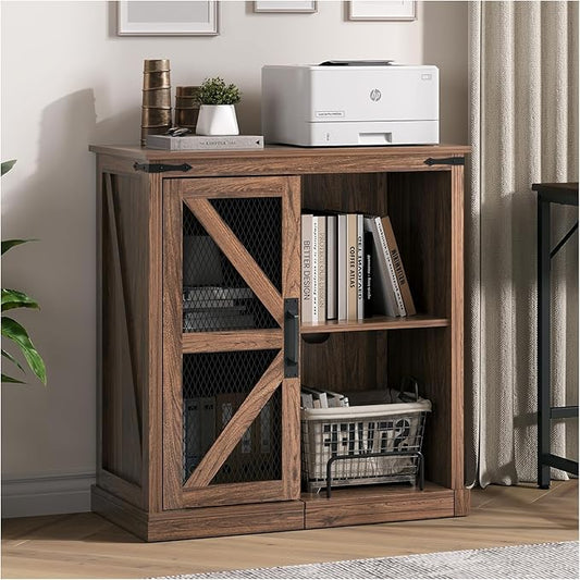 Printer Stand with Storage,File Cabinet with Socket and USB Charging Port,Farmhouse Paper Shredder Stand Rack with Slide-Out Shelf,Walnut