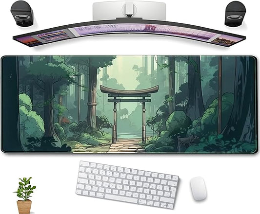 Japanese Green Forest Gaming Mouse Pad Anime Tree Woodland Desk Mat XL Large, Cute Aesthetics Women Office Desk Decor Laptop Computer Keyboard and Mouse Mat with Stitched Edges Matt 31.5''x11.8''